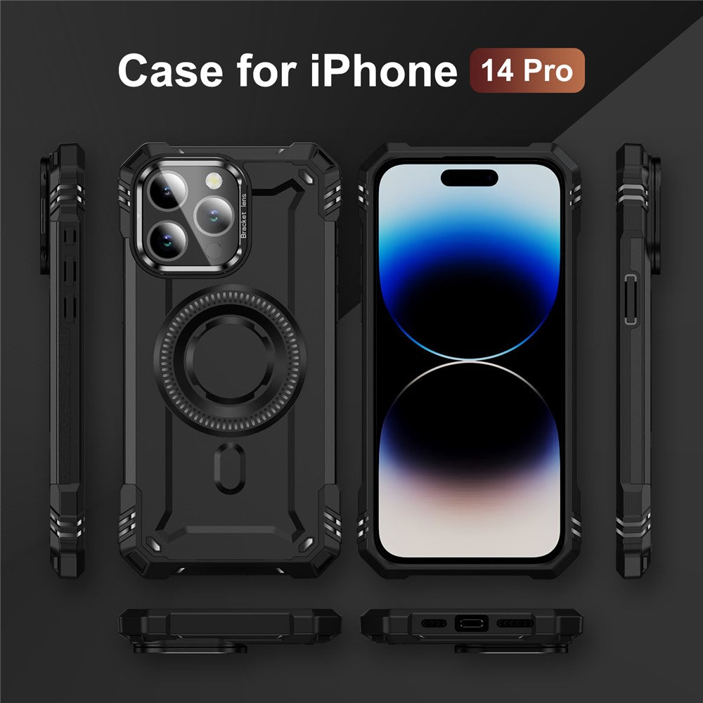 For iPhone 14 Pro Case Compatible with MagSafe Metal Lens Frame Kickstand PC+TPU Mobile Cover