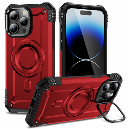 For iPhone 14 Pro Case Compatible with MagSafe Metal Lens Frame Kickstand PC+TPU Mobile Cover