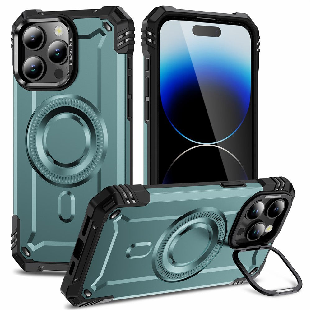 For iPhone 14 Pro Case Compatible with MagSafe Metal Lens Frame Kickstand PC+TPU Mobile Cover