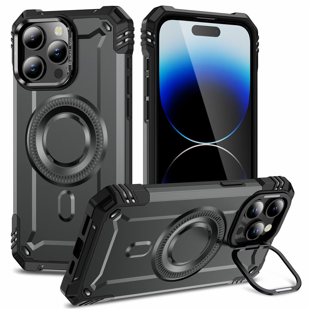 For iPhone 14 Pro Case Compatible with MagSafe Metal Lens Frame Kickstand PC+TPU Mobile Cover
