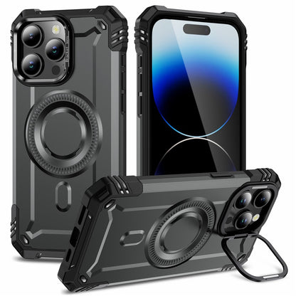 For iPhone 14 Pro Case Compatible with MagSafe Metal Lens Frame Kickstand PC+TPU Mobile Cover