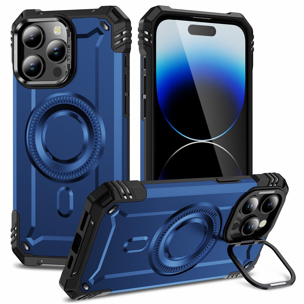 For iPhone 14 Pro Case Compatible with MagSafe Metal Lens Frame Kickstand PC+TPU Mobile Cover