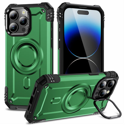 For iPhone 14 Pro Case Compatible with MagSafe Metal Lens Frame Kickstand PC+TPU Mobile Cover