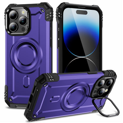For iPhone 14 Pro Case Compatible with MagSafe Metal Lens Frame Kickstand PC+TPU Mobile Cover