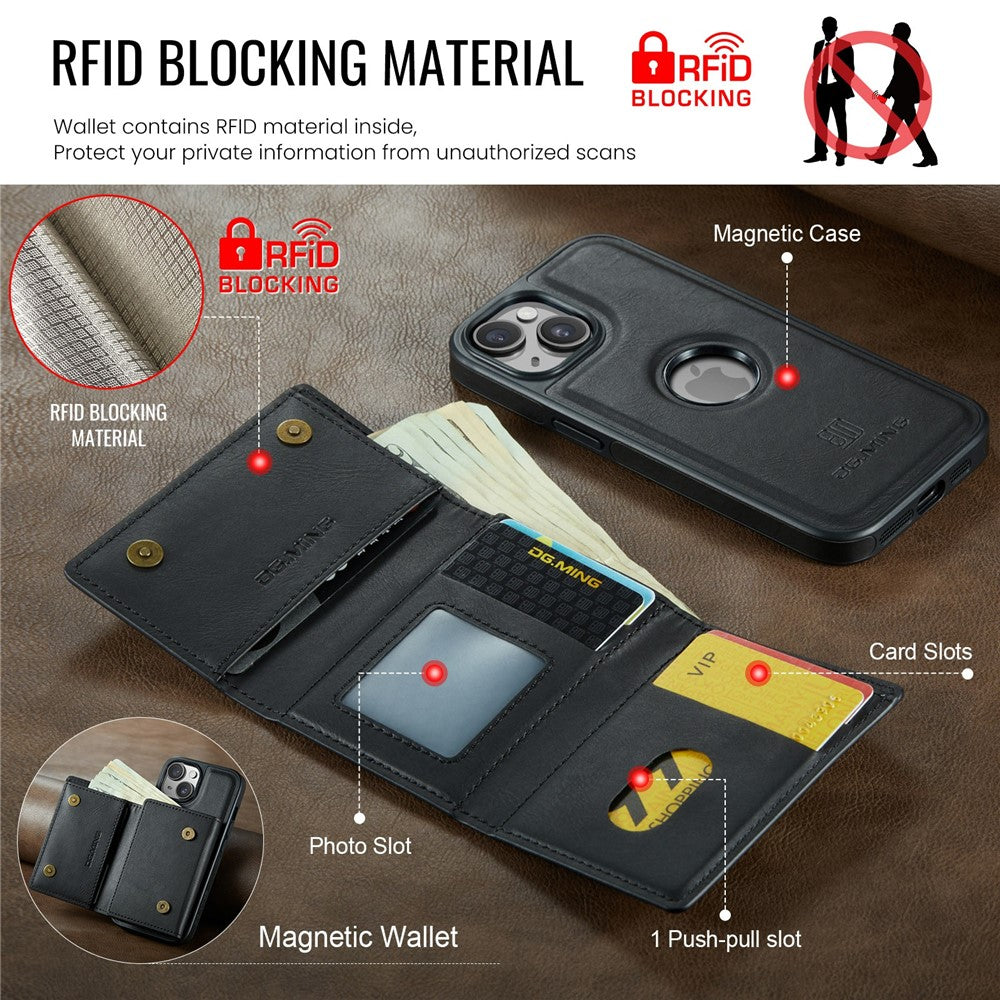 DG.MING M6 Series For iPhone 15 Plus Case Magnetic Wallet PU+PC+TPU Phone Cover