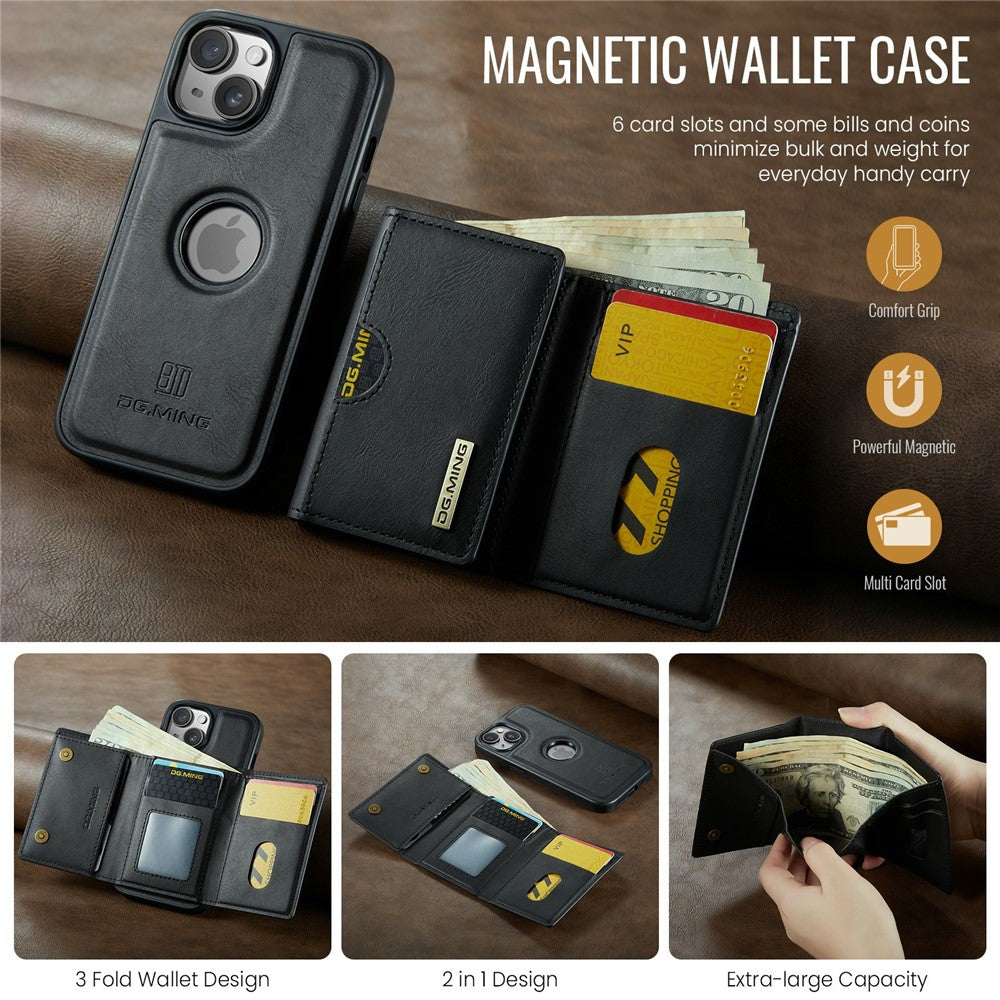 DG.MING M6 Series For iPhone 15 Plus Case Magnetic Wallet PU+PC+TPU Phone Cover