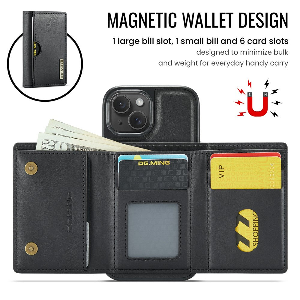 DG.MING M6 Series For iPhone 15 Plus Case Magnetic Wallet PU+PC+TPU Phone Cover