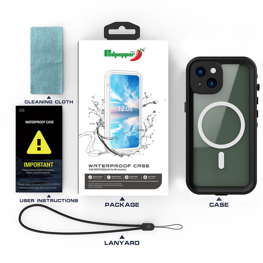 REDPEPPER Dot+ Series for iPhone 14 Plus IP68 Waterproof Clear Back Case Drop-proof Dust-proof Cover Compatible with Magsafe Charger
