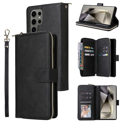For Samsung Galaxy S25 Ultra Case Zipper Pocket PU Leather Phone Cover with Hand Strap