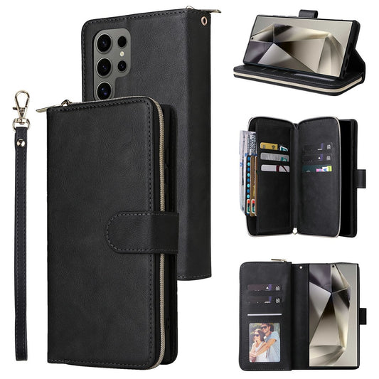 For Samsung Galaxy S25 Ultra Case Zipper Pocket PU Leather Phone Cover with Hand Strap