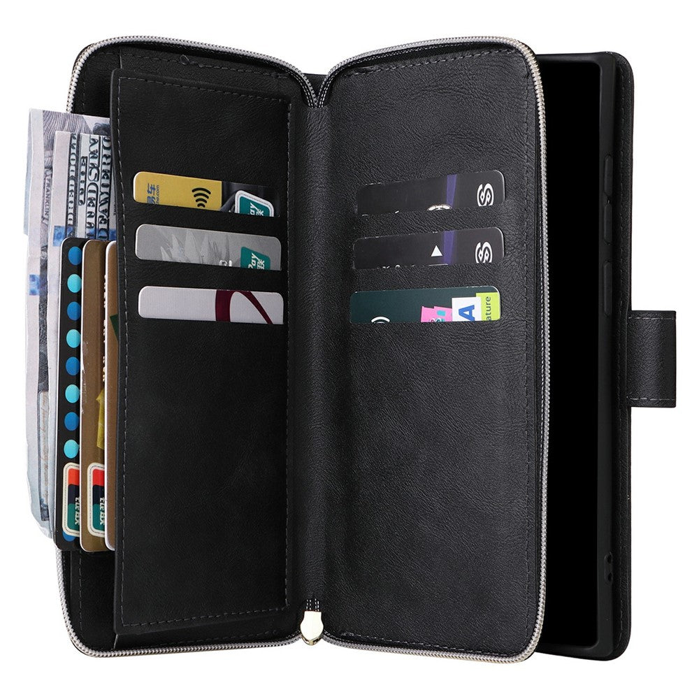 For Samsung Galaxy S25 Ultra Case Zipper Pocket PU Leather Phone Cover with Hand Strap
