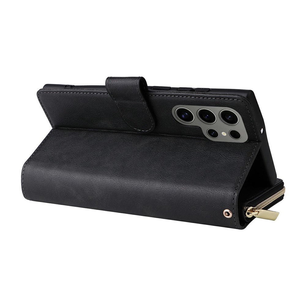 For Samsung Galaxy S25 Ultra Case Zipper Pocket PU Leather Phone Cover with Hand Strap