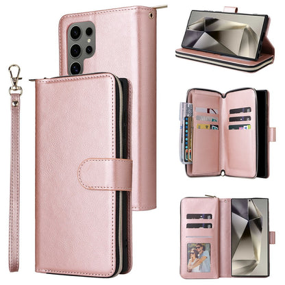 For Samsung Galaxy S25 Ultra Case Zipper Pocket PU Leather Phone Cover with Hand Strap
