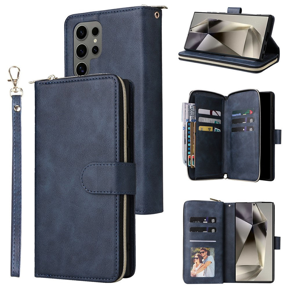 For Samsung Galaxy S25 Ultra Case Zipper Pocket PU Leather Phone Cover with Hand Strap