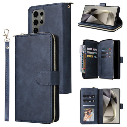 For Samsung Galaxy S25 Ultra Case Zipper Pocket PU Leather Phone Cover with Hand Strap