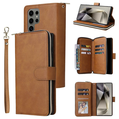 For Samsung Galaxy S25 Ultra Case Zipper Pocket PU Leather Phone Cover with Hand Strap