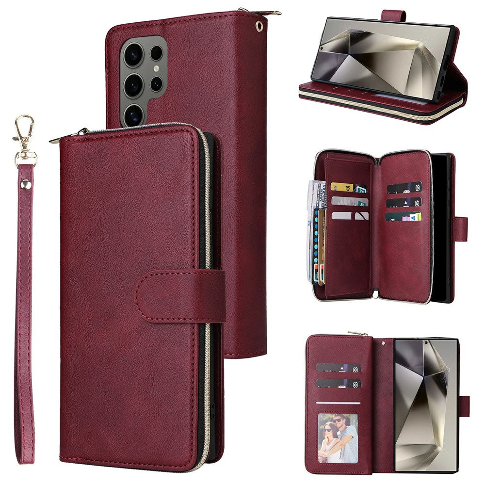 For Samsung Galaxy S25 Ultra Case Zipper Pocket PU Leather Phone Cover with Hand Strap