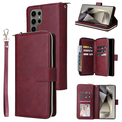 For Samsung Galaxy S25 Ultra Case Zipper Pocket PU Leather Phone Cover with Hand Strap