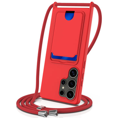 For Samsung Galaxy S25 Ultra Case Liquid Silicone Card Holder Back Phone Cover with Lanyard