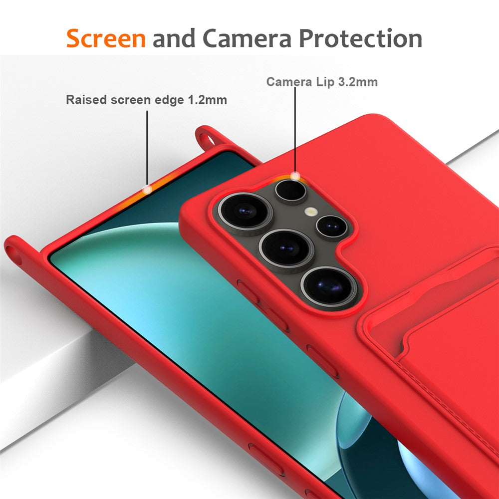 For Samsung Galaxy S25 Ultra Case Liquid Silicone Card Holder Back Phone Cover with Lanyard