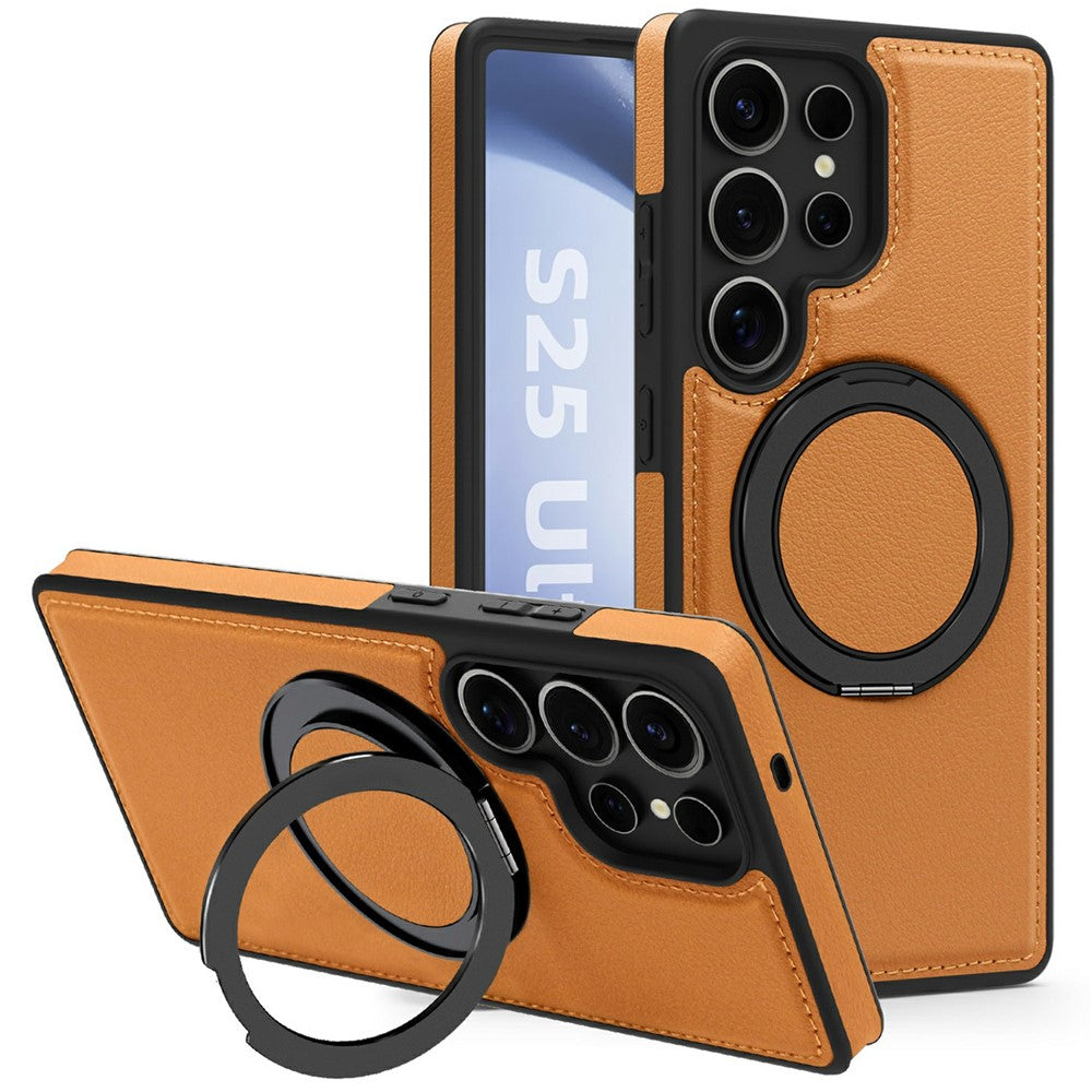 For Samsung Galaxy S25 Ultra Case with Ring Kickstand Magnetic Case PU Leather Back Cover