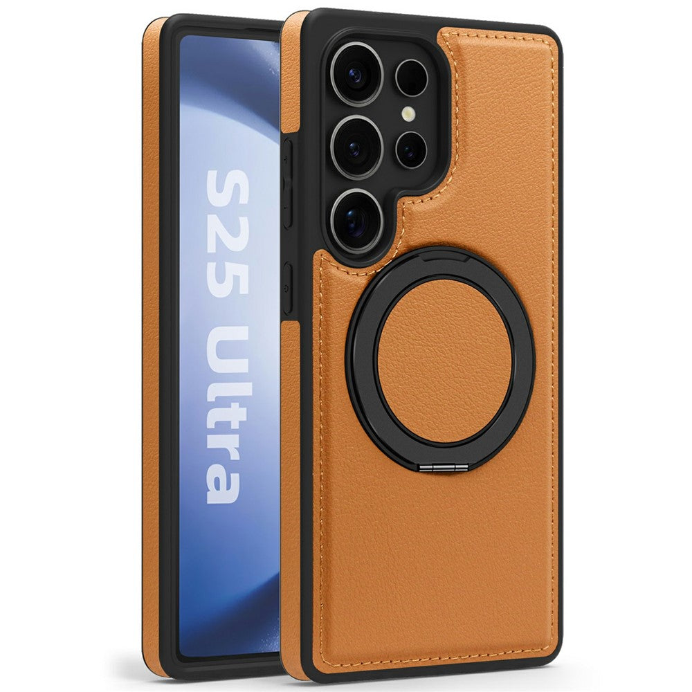 For Samsung Galaxy S25 Ultra Case with Ring Kickstand Magnetic Case PU Leather Back Cover