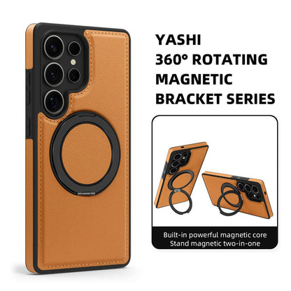 For Samsung Galaxy S25 Ultra Case with Ring Kickstand Magnetic Case PU Leather Back Cover