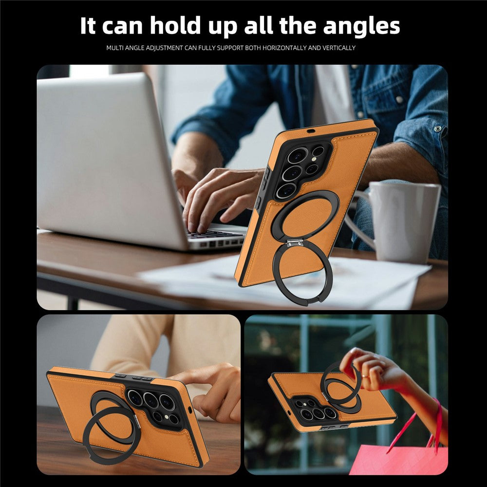 For Samsung Galaxy S25 Ultra Case with Ring Kickstand Magnetic Case PU Leather Back Cover