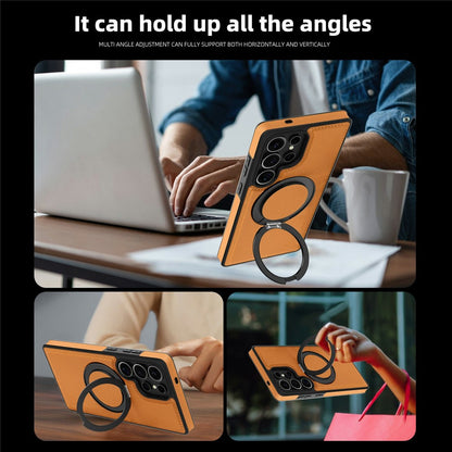 For Samsung Galaxy S25 Ultra Case with Ring Kickstand Magnetic Case PU Leather Back Cover
