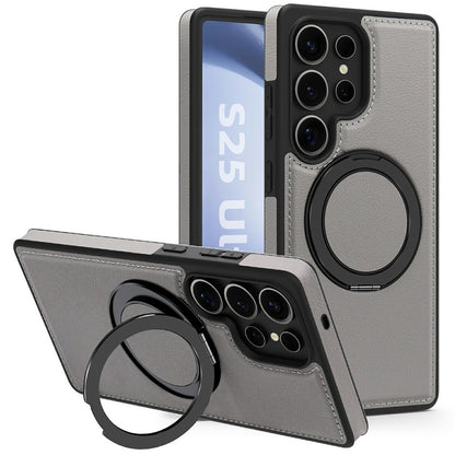 For Samsung Galaxy S25 Ultra Case with Ring Kickstand Magnetic Case PU Leather Back Cover