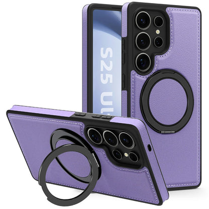 For Samsung Galaxy S25 Ultra Case with Ring Kickstand Magnetic Case PU Leather Back Cover