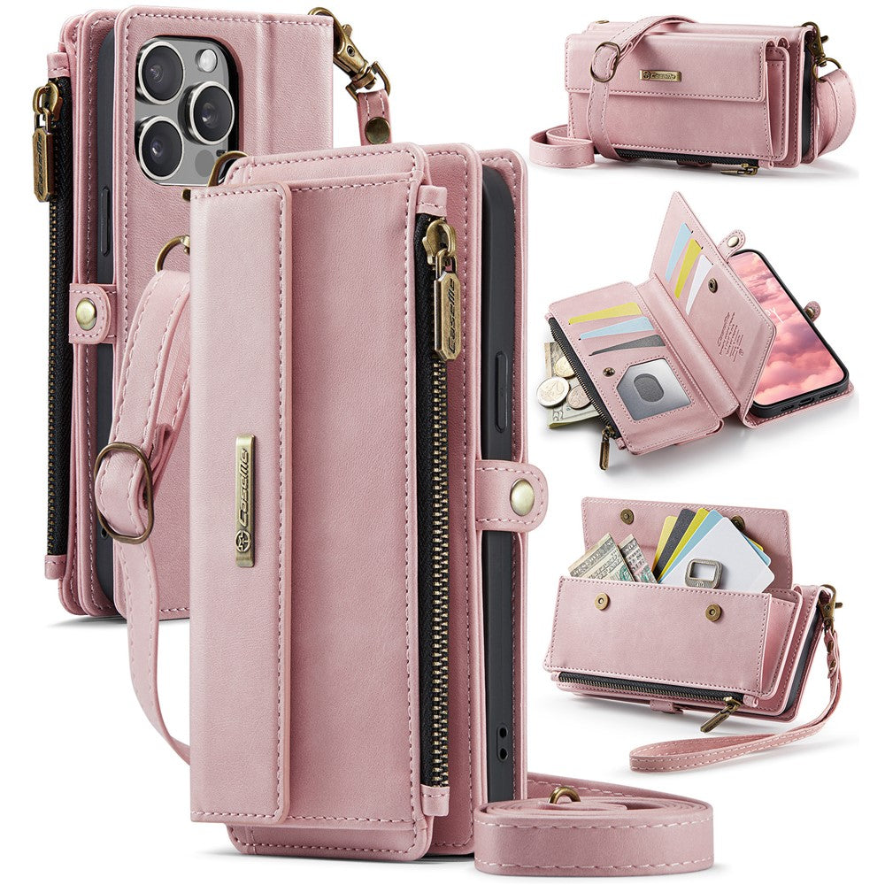 CASEME For iPhone 15 Pro Max Case  C39 RFID Blocking Zipper Wallet Stand Leather Cover with Strap