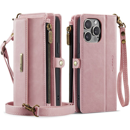 CASEME For iPhone 15 Pro Max Case  C39 RFID Blocking Zipper Wallet Stand Leather Cover with Strap