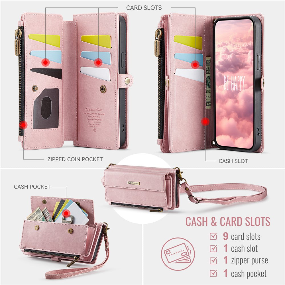 CASEME For iPhone 15 Pro Max Case  C39 RFID Blocking Zipper Wallet Stand Leather Cover with Strap