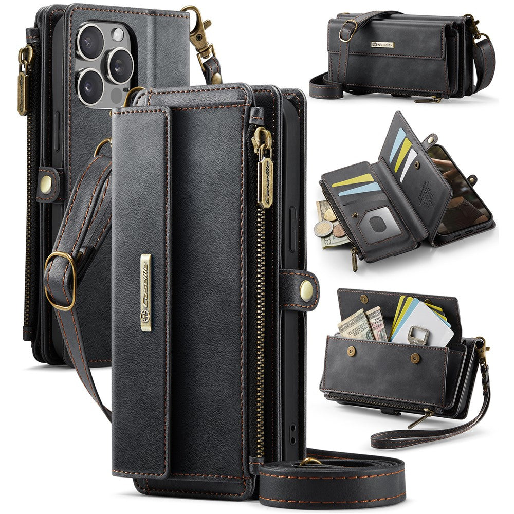 CASEME For iPhone 15 Pro Max Case  C39 RFID Blocking Zipper Wallet Stand Leather Cover with Strap