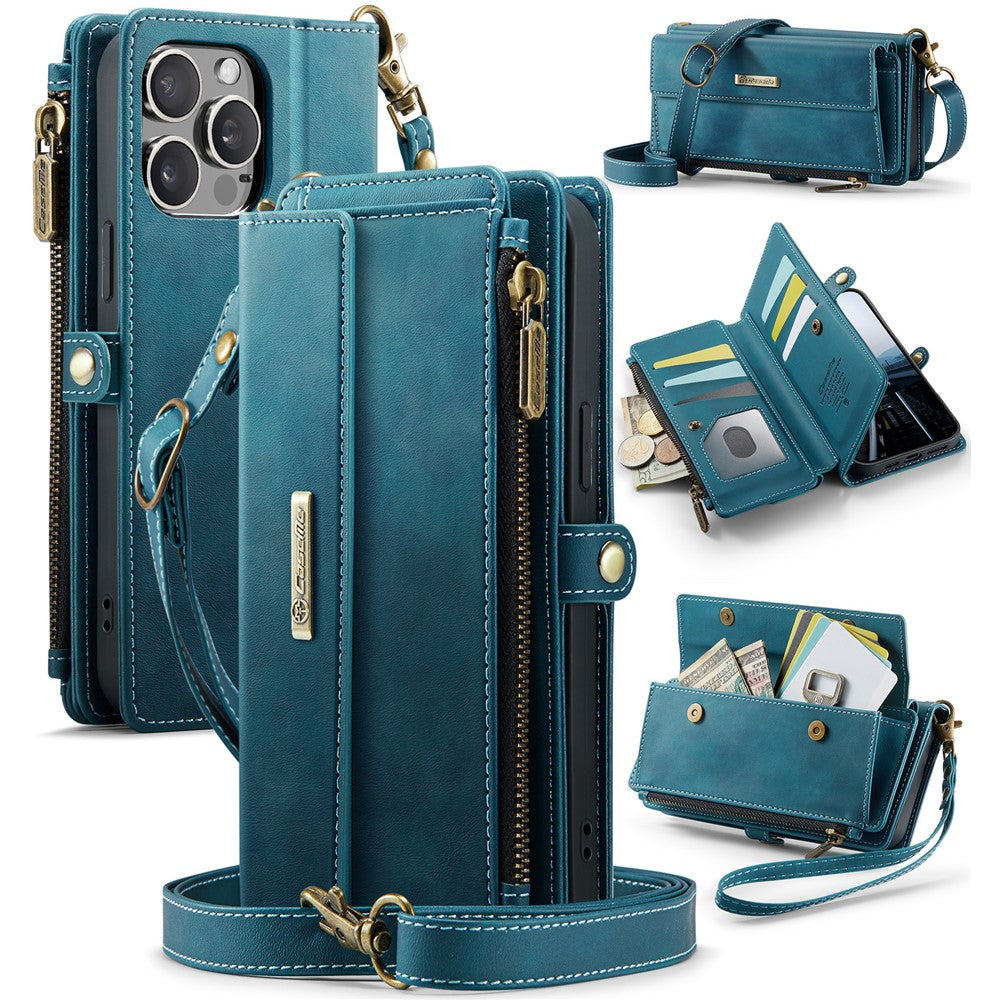CASEME For iPhone 15 Pro Max Case  C39 RFID Blocking Zipper Wallet Stand Leather Cover with Strap