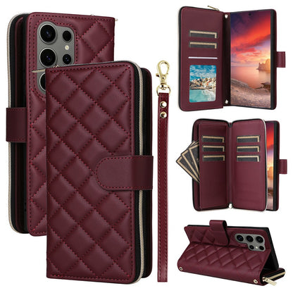 For Samsung Galaxy S25 Ultra Case Zipper Wallet Rhombus PU Leather Crossbody Phone Bag