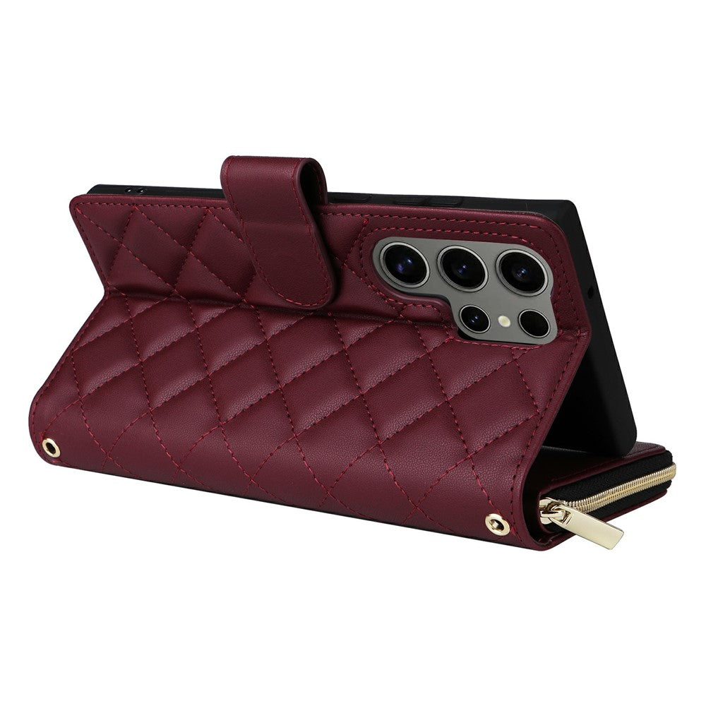 For Samsung Galaxy S25 Ultra Case Zipper Wallet Rhombus PU Leather Crossbody Phone Bag