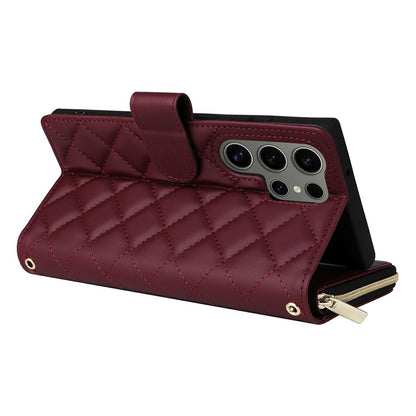 For Samsung Galaxy S25 Ultra Case Zipper Wallet Rhombus PU Leather Crossbody Phone Bag