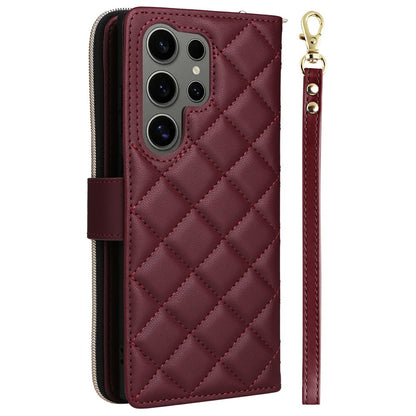 For Samsung Galaxy S25 Ultra Case Zipper Wallet Rhombus PU Leather Crossbody Phone Bag