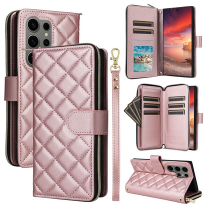 For Samsung Galaxy S25 Ultra Case Zipper Wallet Rhombus PU Leather Crossbody Phone Bag
