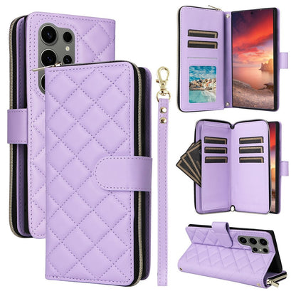 For Samsung Galaxy S25 Ultra Case Zipper Wallet Rhombus PU Leather Crossbody Phone Bag