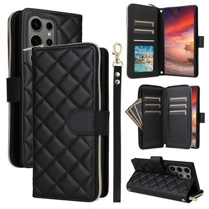 For Samsung Galaxy S25 Ultra Case Zipper Wallet Rhombus PU Leather Crossbody Phone Bag