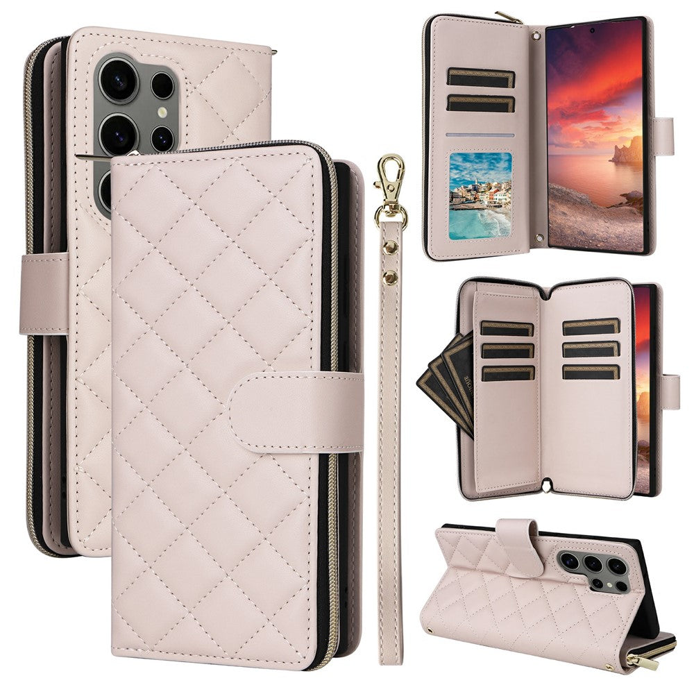 For Samsung Galaxy S25 Ultra Case Zipper Wallet Rhombus PU Leather Crossbody Phone Bag