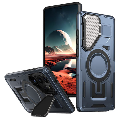 For Samsung Galaxy S25 Ultra Magnetic Case Lens Lid Kickstand PC+TPU Back Cover