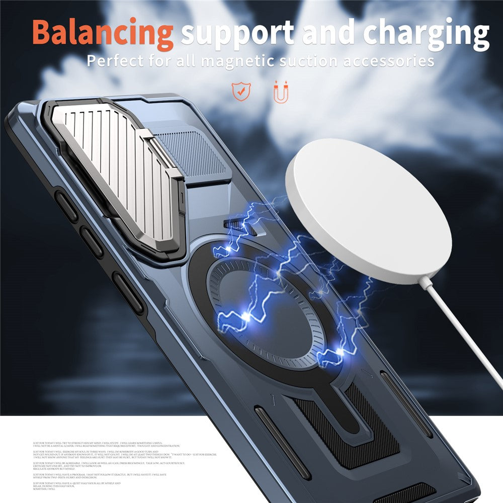 For Samsung Galaxy S25 Ultra Magnetic Case Lens Lid Kickstand PC+TPU Back Cover