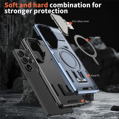 For Samsung Galaxy S25 Ultra Magnetic Case Lens Lid Kickstand PC+TPU Back Cover