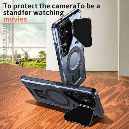 For Samsung Galaxy S25 Ultra Magnetic Case Lens Lid Kickstand PC+TPU Back Cover