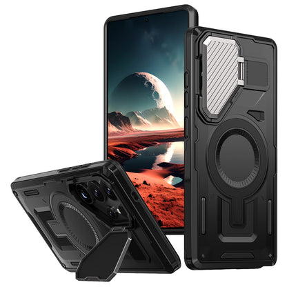 For Samsung Galaxy S25 Ultra Magnetic Case Lens Lid Kickstand PC+TPU Back Cover