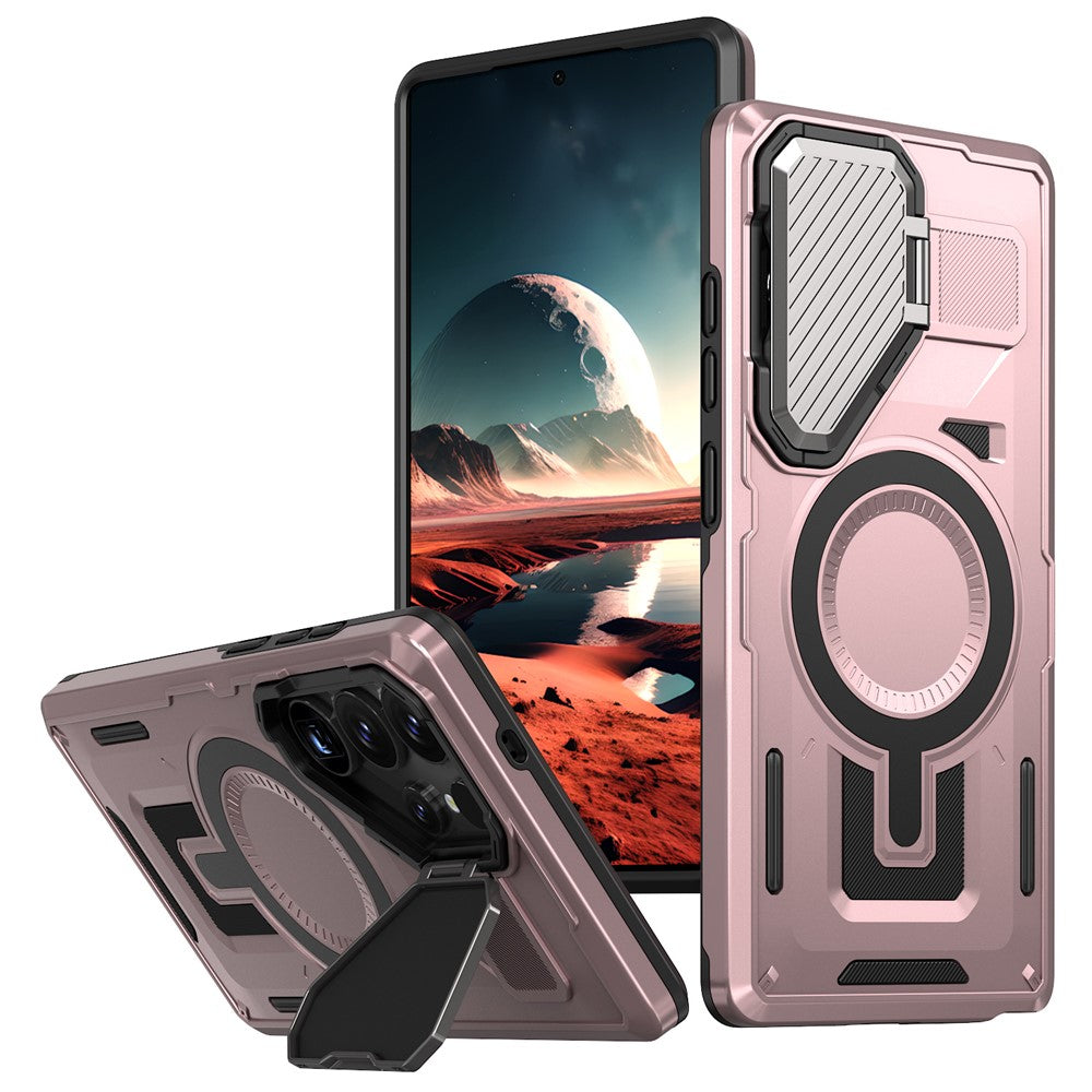 For Samsung Galaxy S25 Ultra Magnetic Case Lens Lid Kickstand PC+TPU Back Cover